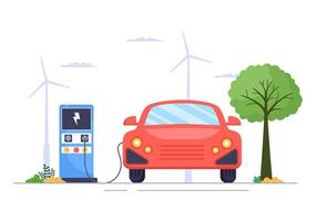 Charging Electric Car Batteries with the Concept of Charger and Cable Plugs that use Green Environment, Ecology, Sustainability or Clean Air. Vector illustration