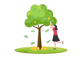 árbol de dinero de la ilustración de vector de diseño plano de beneficio de inversión de negocios financieros con billetes de dólar y monedas de oro para cartel o fondo