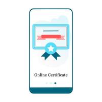 certificado en línea, certificado electrónico, pantalla de incorporación de la aplicación móvil en papel de graduación. plantilla de banner de vector de menú para interfaz ux, desarrollo móvil de pantalla ui gui. Ilustración plana de diseño de sitio web.