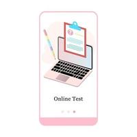 Online test, exam, exercise, quiz, final test mobile app onboarding screen. Menu vector banner template for interface UX, UI GUI screen mobile development. Website design 3D isometric illustration.