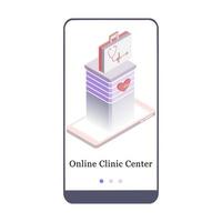 Application design for medical clinic center, hospital, online clinic location on the map. UI onboarding screen design. 3D isometric onboard mobile app template page. Modern flat vector illustration