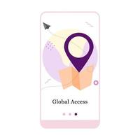 acceso a educación global, conexión global, viajes, seguimiento de pedidos en línea, pantalla de incorporación de aplicaciones móviles. plantilla de banner de vector de menú para interfaz ux, ilustración de desarrollo móvil de pantalla ui gui.