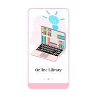 Online library, e-book, online literature, encyclopedia, online bookstore mobile app onboarding screen. Menu vector banner template for interface UX, UI GUI screen mobile development illustration.