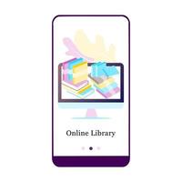 Online library, e-book, online literature, encyclopedia, online bookstore mobile app onboarding screen. Menu vector banner template for interface UX, UI GUI screen mobile development illustration.