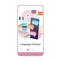 cursos de idiomas en línea, traducción literal, asistente personal, pantalla de incorporación de la aplicación móvil de e-learning. plantilla de banner de vector de menú para interfaz ux, ilustración de desarrollo móvil de pantalla ui gui.