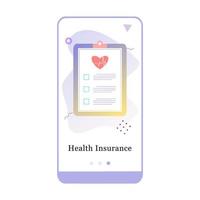 Application design for health insurance, medical report, prescription, claim, medical check. UI onboarding screen design. 3D isometric onboard mobile app template page. Modern flat vector illustration