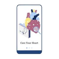 Application design for Heart Checkup, Heart Health Care, Care for your Heart, Heart Rate. UI onboarding screen design. 3D isometric onboard mobile app template page. Modern flat vector illustration.