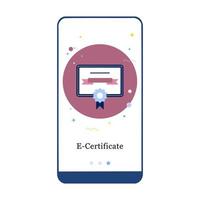 certificado en línea, certificado electrónico, pantalla de incorporación de la aplicación móvil en papel de graduación. plantilla de banner de vector de menú para interfaz ux, desarrollo móvil de pantalla ui gui. Ilustración plana de diseño de sitio web.