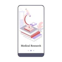 Application design for medical research, microscope, symbol of science, chemistry, pharmaceutical. UI onboarding screen design. Isometric onboard mobile app template page. Modern vector illustration.