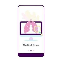 diseño de aplicaciones para chequeo de pulmones, cuidado de la salud de los pulmones, examen fluorográfico de neumología. diseño de pantalla de incorporación de interfaz de usuario. página de plantilla de aplicación móvil integrada. ilustración vectorial plana moderna. vector