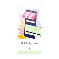 E-payment mobile app page onboarding screen. Application design for Easy Payment, Payout, Credit Card, Loan Payment, and Point Accumulation. UI on boarding screens mobile template vector illustration.