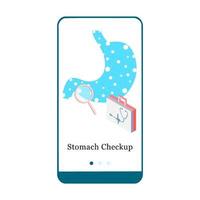 Application design for Stomach Checkup, Stomach Health Care, Care for your Stomach. UI onboarding screen design. 3D isometric onboard mobile app template page. Modern flat vector illustration