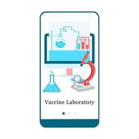 Application design for Vaccine Laboratory, Vaccine Research and Vaccination, Medical Research. UI onboarding screen design. Isometric onboard mobile app template page. Modern flat vector illustration.