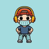 CUTE BOY WITH HEADPHONE AND MASK FOR ICON, LOGO, AND ILLUSTRATION. vector
