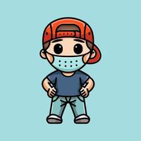 CUTE BOY WITH MASK FOR CHARACTER, ICON, LOGO AND ILLUSTRATION. vector