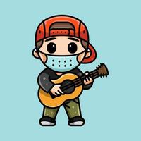 CUTE GUITARIST PLAYER WITH MASK FOR LOGO, ICON AND ILLUSTRATION vector