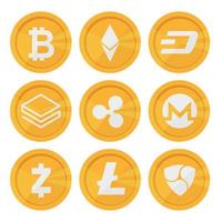 Set of cryptocurrency icons for internet money. Blockchain based secure vector