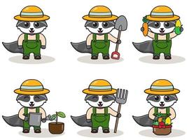 Vector illustration of Raccoon farmer cartoon