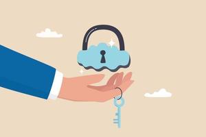 Cloud security system to protect information for remote work, secure shield technology fore safety access online company server, businessman hand holding floating cloud padlock with security key. vector