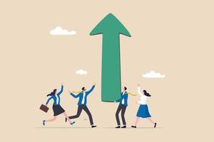 Business growth and risk to fall down, team success or career development, strategy to win big earning and profit or business challenge concept, businessman carry huge growing up arrow with colleague. vector