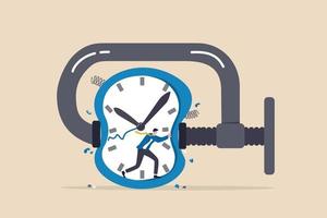 Presión de tiempo o quedarse sin tiempo, estrés o ansiedad para terminar el trabajo dentro de un plazo agresivo o un concepto de gestión del tiempo, el empresario frustrado intenta detener el reloj temporizador apretado. vector