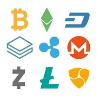 Set of cryptocurrency icons. Simple design in different color. Vector