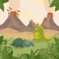 Prehistoric wildlife. Nature landscape with dinos, mountains, volcanos vector