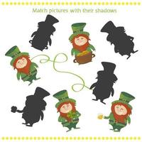 shadow matching game with happy cartoon Leprechaun for children vector