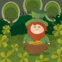 Día de San Patricio. Duende con una olla de monedas de oro en un bosque vector