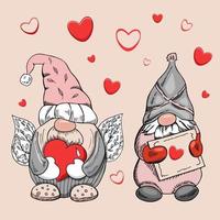 A hand-drawn gnomes for valentine's day. The Scandinavian gnomes with hearts isolated on the pink background. Vintage vector illustration.