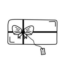 Gift box with bow and label in doodle style. vector