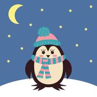 lindo bebé pingüino de invierno con sombrero y bufanda. luna y estrellas alrededor.