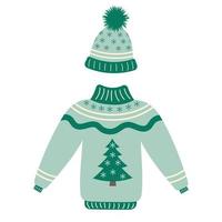 Knitted winter sweater and a hat with pompon. vector