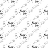Candy doodle samless patteern. Sweet life lettering. Vector illustration.