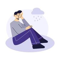 Sad man flat character. Frustrated young man sit on the ground. Broken heart, unhappy love. The concept of frustration, depression, psychotherapy. vector