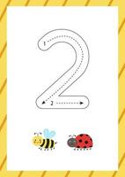 Cute flashcard how to write number 2. Worksheet for kids. vector