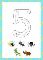 Cute flashcard how to write number 5. Worksheet for kids. vector