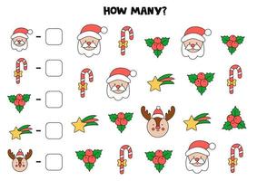 Counting game with Christmas pictures. Math worksheet. vector