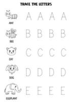 aprendizaje del alfabeto. trazar letras. en blanco y negro. vector