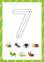 Cute flashcard how to write number 7. Worksheet for kids. vector