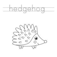 Trace word and color cute cartoon hedgehog. vector