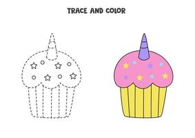 Trace and color cute unicorn cupcake. Worksheet for girls. vector