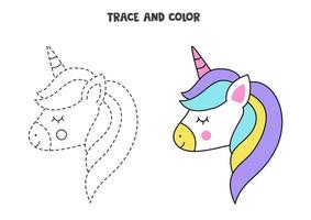 Trace and color cute unicorn. Worksheet for girls. vector