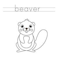 Trace word and color cute cartoon beaver. vector