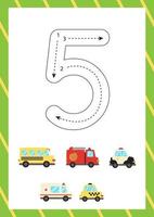 Cute flashcard how to write number 5. Worksheet for kids. vector