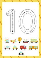 Cute flashcard how to write number 10. Worksheet for kids. vector