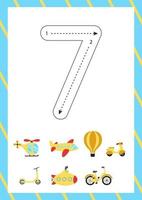 Cute flashcard how to write number 7. Worksheet for kids. vector