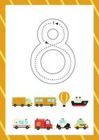 Cute flashcard how to write number 8. Worksheet for kids. vector