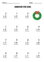 Addition worksheet with cartoon wreath. Math game. vector