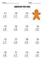 Addition worksheet with cartoon gingerbread cookie. Math game. vector